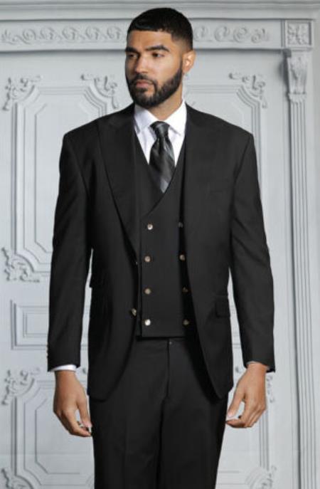Mens Suits With Double Breasted Vest - Black Peak Lapel Suits - Ticket Pocket - With Gold Buttons - Slim Fitted - 38 Short Jacket+32 Waist Adjust 28to34)(Height: 5 4 to5 7 )(Neck  15-16.5)S-M)