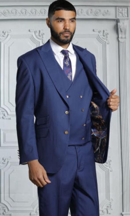 Mens Suits With Double Breasted Vest - Sapphire Peak Lapel Suits - Ticket Pocket - With Gold Buttons - Slim Fitted - 36 Regular Jacket+30 Waist Adjustable 26to32)Height: 5'7"-6')(Neck: 14.5-16:S)