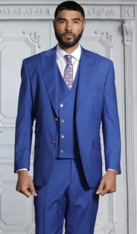 Mens Suits With Double Breasted Vest - Blue Peak Lapel Suits - Ticket Pocket - With Gold Buttons - Slim Fitted - 36 Regular Jacket+30 Waist Adjustable 26to32)Height: 5'7"-6')(Neck: 14.5-16:S)