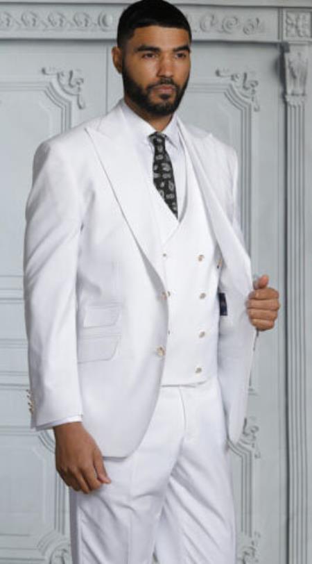 Mens Suits With Double Breasted Vest - White Peak Lapel Suits - Ticket Pocket - With Gold Buttons - Slim Fitted - 36 Regular Jacket+30 Waist Adjustable 26to32)Height: 5'7"-6')(Neck: 14.5-16:S)