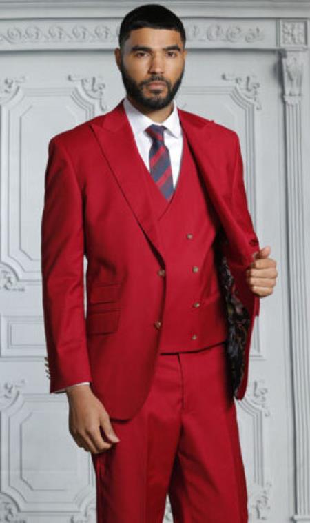 Mens Suits With Double Breasted Vest - Ruby Red Peak Lapel Suits - Ticket Pocket - With Gold Buttons - Slim Fitted - 36 Regular Jacket+30 Waist Adjustable 26to32)Height: 5'7"-6')(Neck: 14.5-16:S)