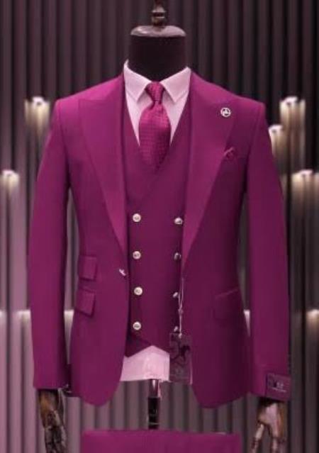 Hot Pink Suit With Gold Buttons Suit - Ticket Pocket DB Vest - 38 Short Jacket+32 Waist Adjustable 28to34)(Height: 5’4”to5’7”)(Neck 15-16.5)S-M)