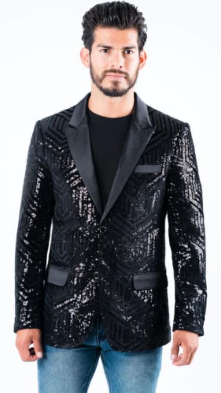 Mens Sequin Blazer - Shiny Stage Flashy Sport Coat - Slim Fit Black - S or Small