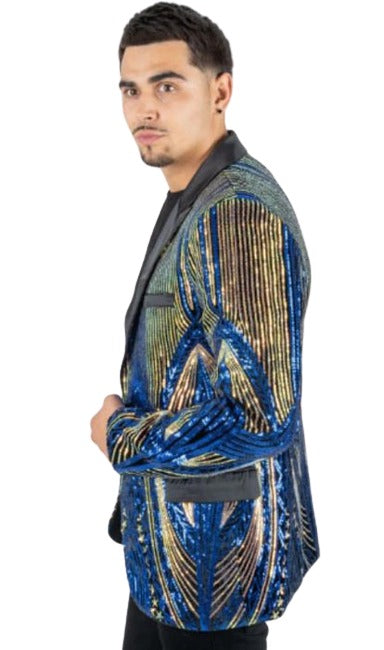 Mens Sequin Blazer - Shiny Stage Flashy Sport Coat - Slim Fit Blue ~ Gold - S or Small