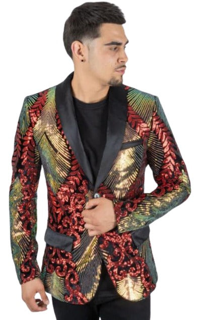 Mens Sequin Blazer - Shiny Stage Flashy Sport Coat - Slim Fit Red ~ Gold - S or Small