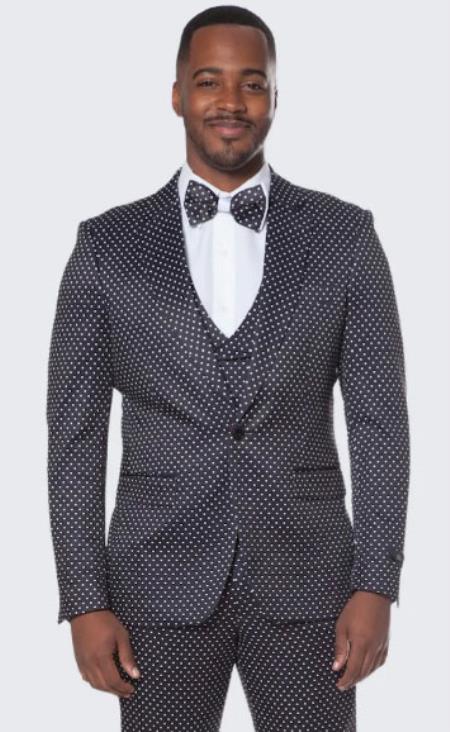 Mens Polka Dot Suit Black - 38 Short Jacket+32 Waist Adjustable 28to34)(Height: 5’4”to5’7”)(Neck 15-16.5)S-M)