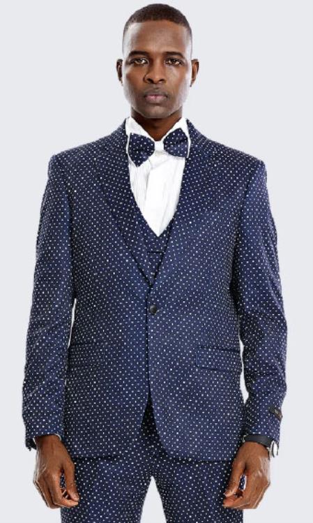 Mens Polka Dot Suit Navy - 38 Short Jacket+32 Waist Adjustable 28to34)(Height: 5â€™4â€to5â€™7â€)(Neck 15-16.5)S-M)