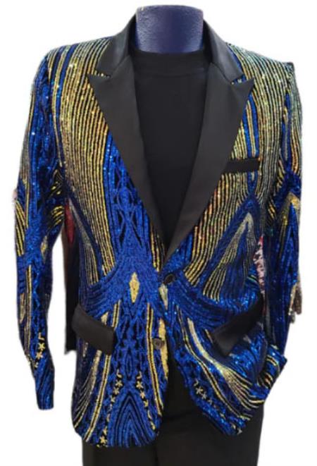Mens Two Toned Sequin Blazer - Royal Blue Prom 2026 Shiny Tuxedo Slim Fit - S or Small