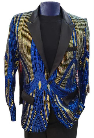 Mens Two Toned Sequin Blazer - Royal Blue Prom 2026 Shiny Tuxedo Slim Fit