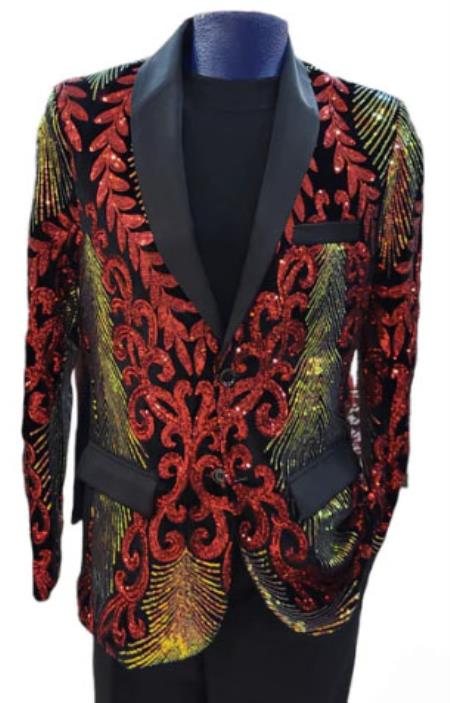 Mens Two Toned Sequin Blazer - Red Prom 2026 Shiny Tuxedo Slim Fit - S or Small