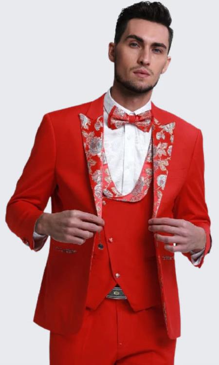 Red Tuxedo With Floral Pattern Peak Lapel 4-Piece Set - 38 Short Jacket+32 Waist Adjustable 28to34)(Height: 5’4”to5’7”)(Neck 15-16.5)S-M)