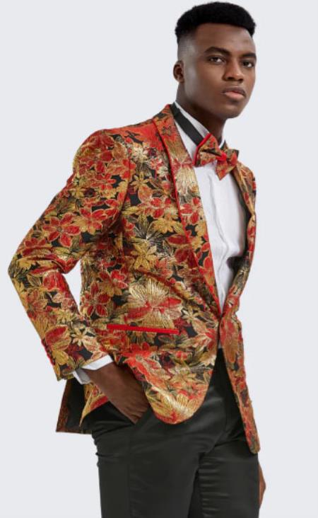 Red ~ Gold Floral Tuxedo Jacket Slim Fit - S or Small