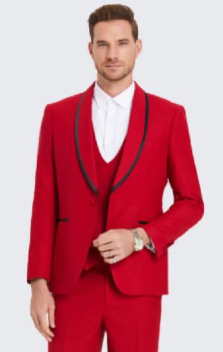 Red Textured Tuxedo With Satin Trim Three Piece Set - 38 Short Jacket+32 Waist Adjustable 28to34)(Height: 5’4”to5’7”)(Neck 15-16.5)S-M)