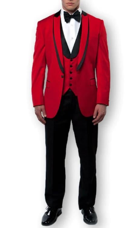 Red Tuxedo Slim Fit Black Peak Shawl Lapel One Button3 Piece Set - 38 Short Jacket+32 Waist Adjustable 28to34)(Height: 5’4”to5’7”)(Neck 15-16.5)S-M)
