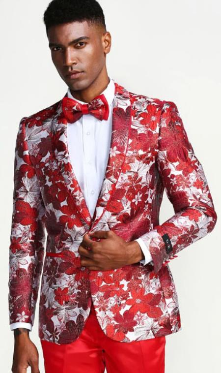Red Floral Tuxedo Jacket Slim Fit - 38 Short Jacket+32 Waist Adjustable 28to34)(Height: 5’4”to5’7”)(Neck 15-16.5)S-M)