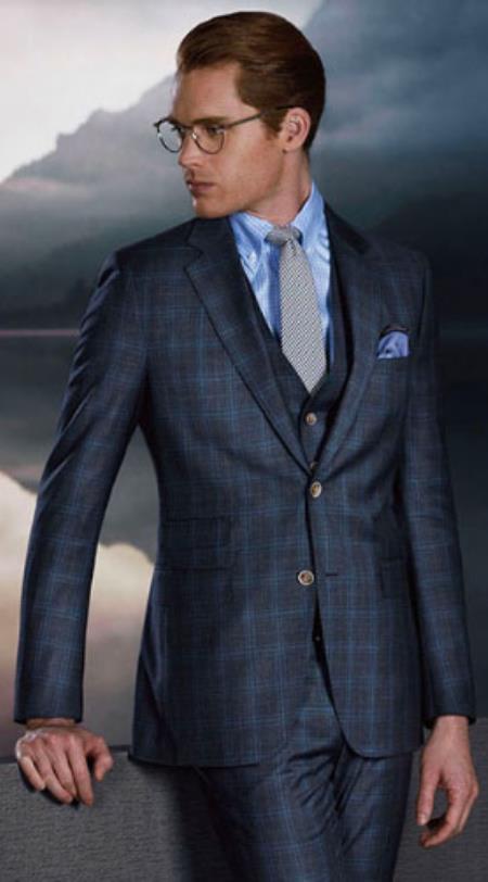 Charcoal Grey With Blue Pattern Vested Suit - Suit By Albertonardoni Plaid-235 - 38 Short Jacket+32 Waist Adjustable 28to34)(Height: 5â€™4â€to5â€™7â€)(Neck 15-16.5)S-M)