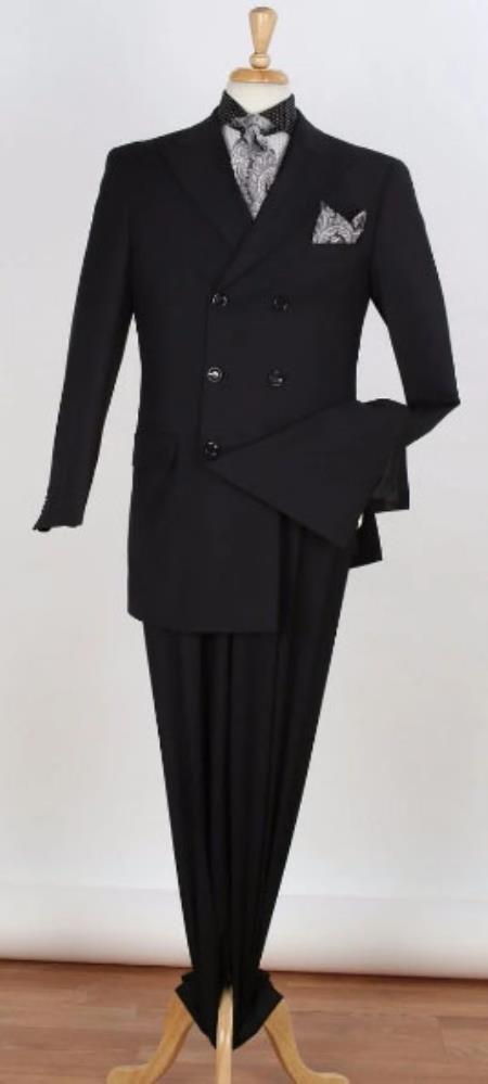 Mens Double Breasted Suit 6 on 3 Classic Fit Pleated Pants - Black - 38 Short Jacket+32 Waist Adjustable 28to34)(Height: 5’4”to5’7”)(Neck 15-16.5)S-M)