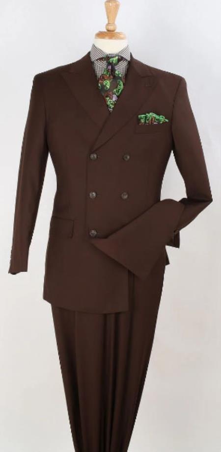 Mens Double Breasted Suit 6 on 3 Classic Fit Pleated Pants - Brown - 38 Short Jacket+32 Waist Adjustable 28to34)(Height: 5’4”to5’7”)(Neck 15-16.5)S-M)
