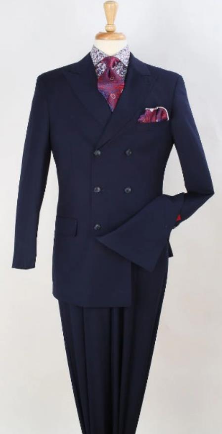 Mens Double Breasted Suit 6 on 3 Classic Fit Pleated Pants - Navy - 38 Short Jacket+32 Waist Adjustable 28to34)(Height: 5’4”to5’7”)(Neck 15-16.5)S-M)