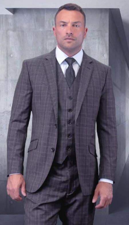 Mens Plaid Suits - Grey Windowpane Three Piece Suits - 38 Short Jacket+32 Waist Adjustable 28to34)(Height: 5’4”to5’7”)(Neck 15-16.5)S-M)