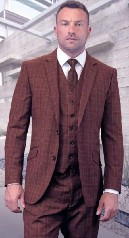 Mens Plaid Suits - Mauve Windowpane Three Piece Suits - 38 Short Jacket+32 Waist Adjustable 28to34)(Height: 5’4”to5’7”)(Neck 15-16.5)S-M)