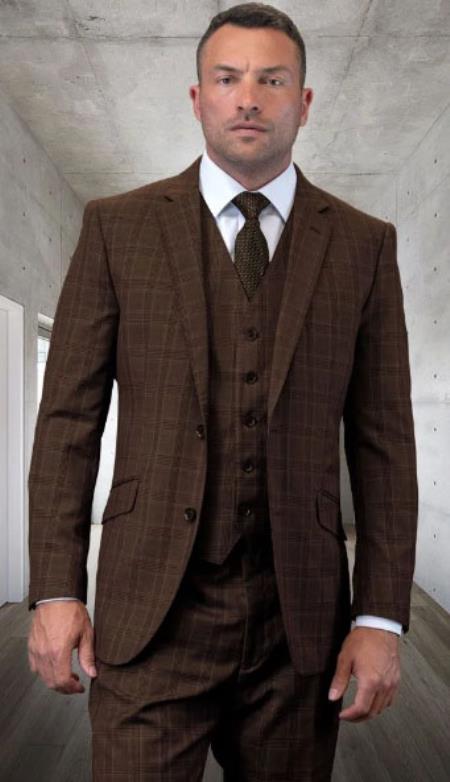 Mens Plaid Suits - Brown Windowpane Three Piece Suits - 38 Short Jacket+32 Waist Adjustable 28to34)(Height: 5’4”to5’7”)(Neck 15-16.5)S-M)