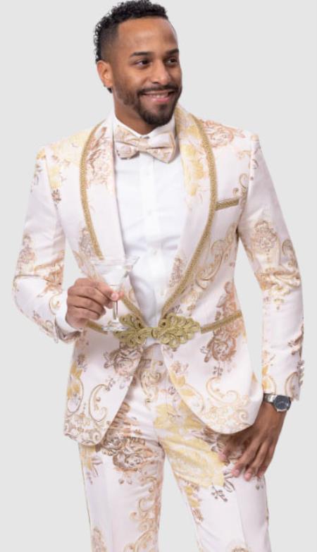 Mens Fashion with Matching Bowtie Gold Suit - 38 Short Jacket+32 Waist Adjustable 28to34)(Height: 5’4”to5’7”)(Neck 15-16.5)S-M)
