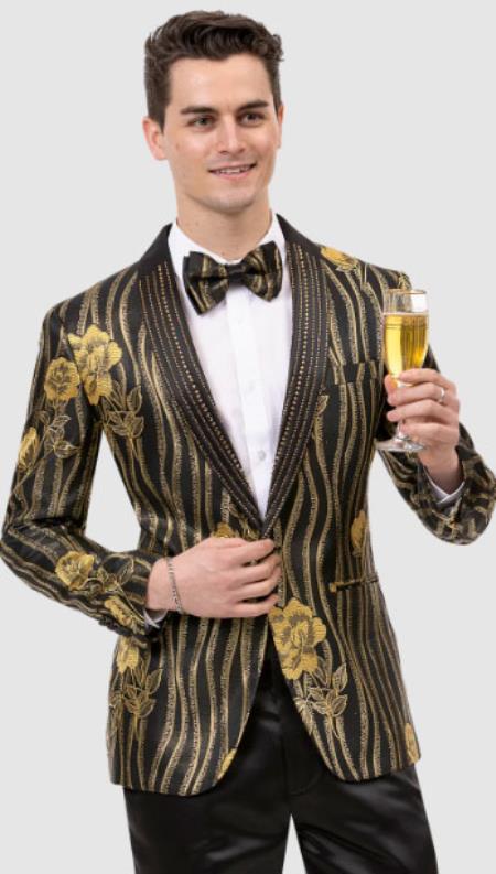 Mens Fashion with Matching Bowtie Black ~ Gold Blazer - 38 Short Jacket+32 Waist Adjust 28to34)(Height: 5 4 to5 7 )(Neck  15-16.5)S-M)