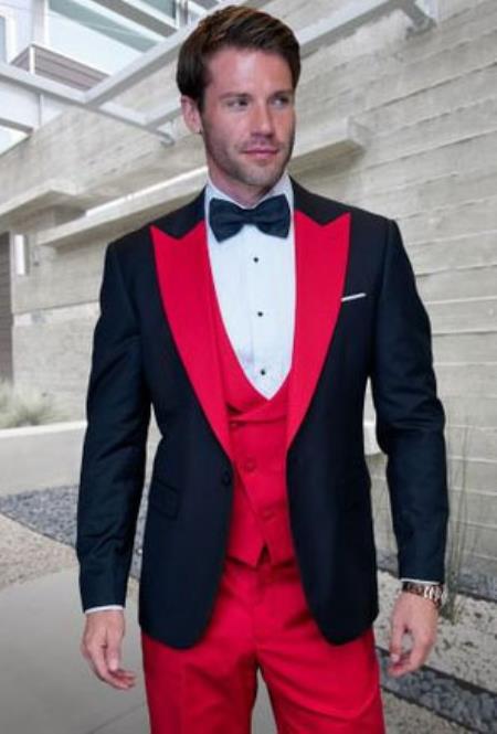Statement Mens Red 3 Piece Modern Fit Designer Tuxedo - 38 Short Jacket+32 Waist Adjustable 28to34)(Height: 5â€™4â€to5â€™7â€)(Neck 15-16.5)S-M)