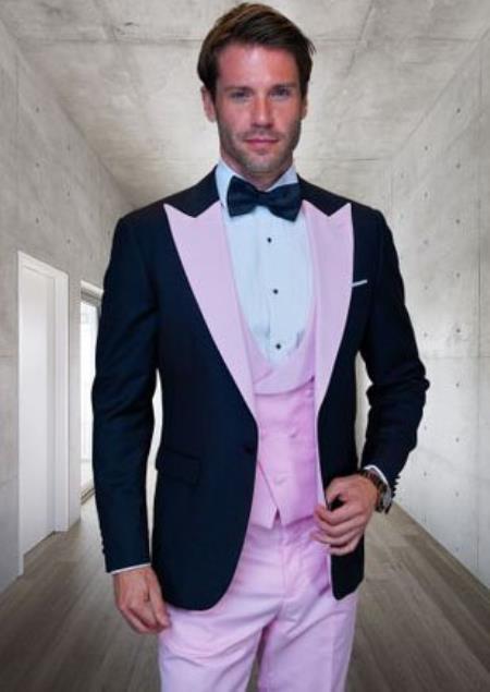Statement Mens Fashon Tuxedo Pink 3 Piece Designer Tux - 38 Short Jacket+32 Waist Adjustable 28to34)(Height: 5’4”to5’7”)(Neck 15-16.5)S-M)