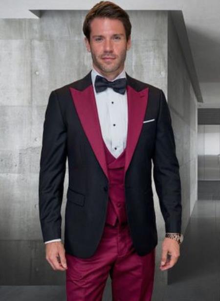 Statement Fashion Tuxedo Suit Mens Burgundy Black Trendy Tux - 38 Short Jacket+32 Waist Adjustable 28to34)(Height: 5’4”to5’7”)(Neck 15-16.5)S-M)