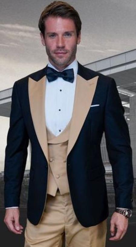 Statement Mens Champagne 3 Piece Modern Fit Designer Tuxedo - 38 Short Jacket+32 Waist Adjustable 28to34)(Height: 5’4”to5’7”)(Neck 15-16.5)S-M)