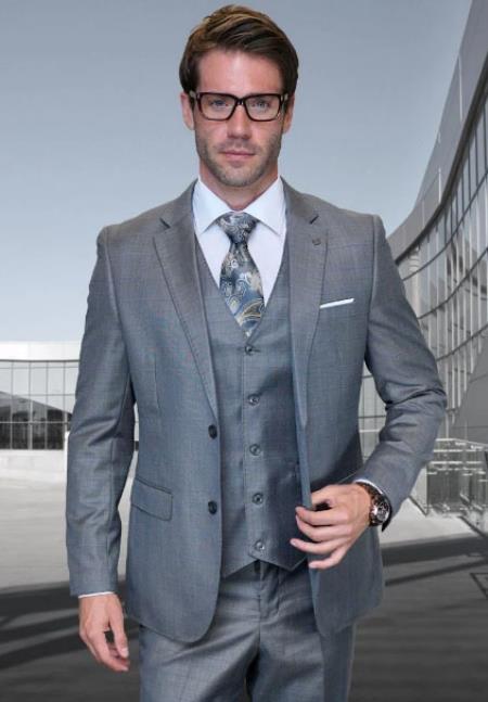 Statement Mens 3 Piece Suit - Tone on Tone Plaid Grey - 38 Short Jacket+32 Waist Adjustable 28to34)(Height: 5â€™4â€to5â€™7â€)(Neck 15-16.5)S-M)