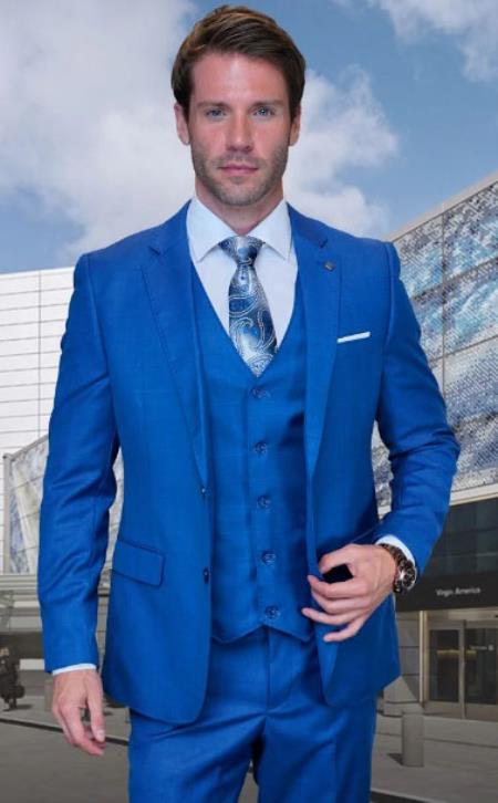 Statement Mens 3 Piece Suit - Tone on Tone Plaid Indigo - 38 Short Jacket+32 Waist Adjustable 28to34)(Height: 5â€™4â€to5â€™7â€)(Neck 15-16.5)S-M)