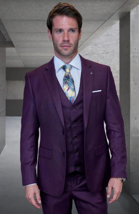 Statement Mens 3 Piece Suit - Tone on Tone Plaid Plum - 38 Short Jacket+32 Waist Adjustable 28to34)(Height: 5â€™4â€to5â€™7â€)(Neck 15-16.5)S-M)