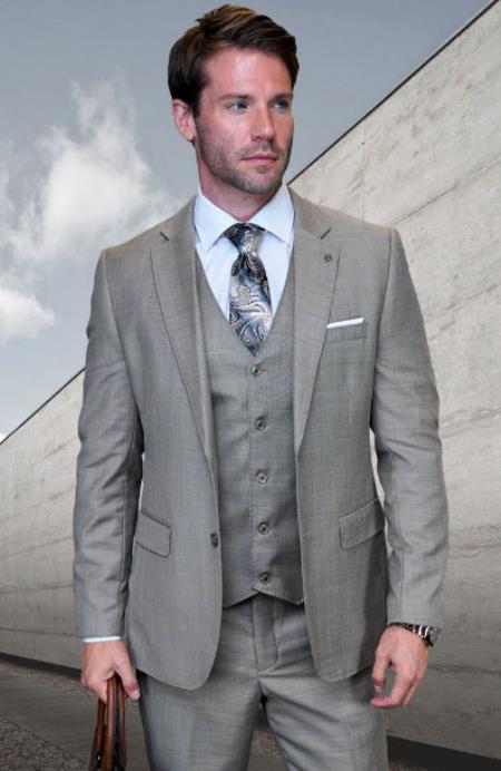 Statement Mens 3 Piece Suit - Tone on Tone Plaid Tan - 38 Short Jacket+32 Waist Adjustable 28to34)(Height: 5â€™4â€to5â€™7â€)(Neck 15-16.5)S-M)