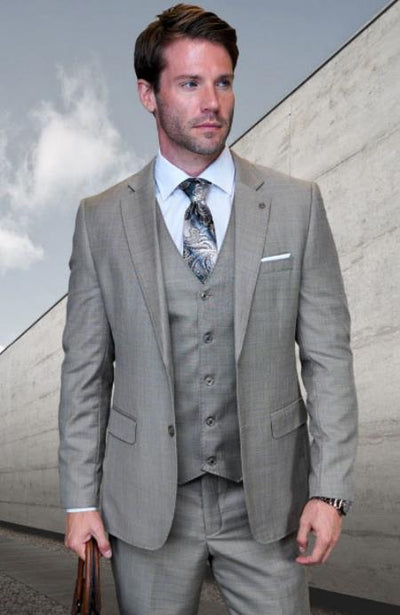 Statement Mens 3 Piece Suit - Tone on Tone Plaid Tan