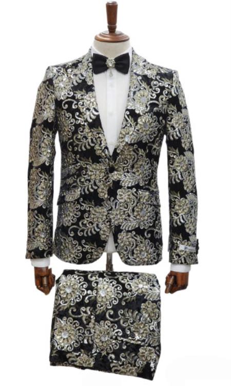 Gold Tuxedos - Paisley Suits - Prom 2026 Suits - Wedding Tuxedos Suits - Groom Suit Black