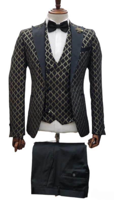 Gold Tuxedos - Paisley Suits - Prom 2026 Suits - Wedding Tuxedos Suits - Groom Suit Black ~ Gold - 38 Short Jacket+32 Waist Adjustable 28to34)(Height: 5’4”to5’7”)(Neck 15-16.5)S-M)
