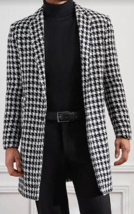Mens Plaid Overcoat - Houndstooth Checker Pattern Topcoat - Black - Coat Size 38