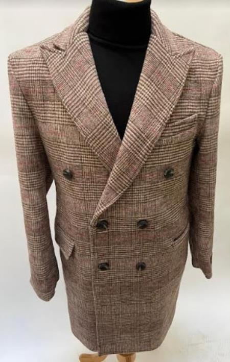 Mens Plaid Overcoat - Houndstooth Checker Pattern Topcoat - Rust Brown - Coat Size 38