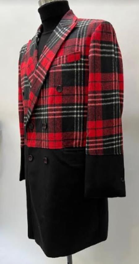 Mens Plaid Overcoat - Houndstooth Checker Pattern Topcoat - Red ~ Black - Coat Size 38