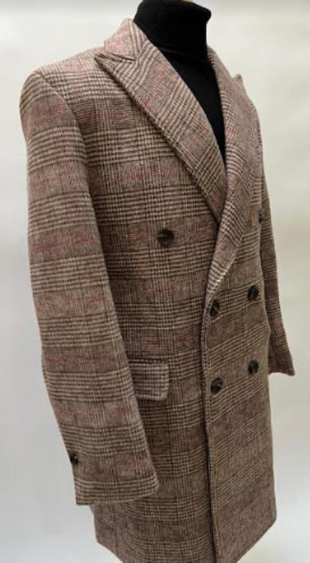 Mens Plaid Overcoat - Houndstooth Checker Pattern Topcoat - Rust Brown - Coat Size 38