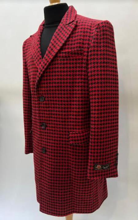 Mens Plaid Overcoat - Houndstooth Checker Pattern Topcoat - Red - Coat Size 38