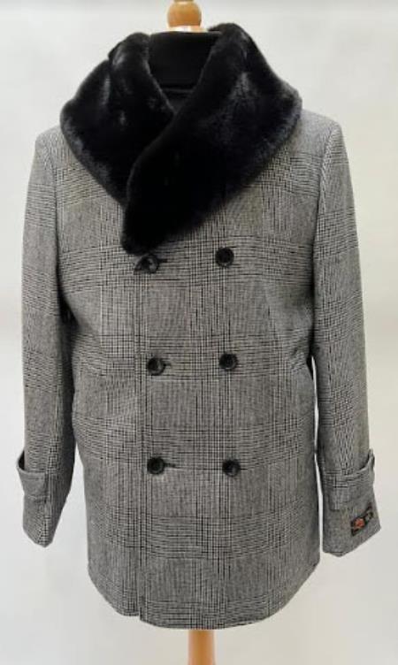 Mens Plaid Overcoat - Houndstooth Checker Pattern Topcoat - Gray - Coat Size 38
