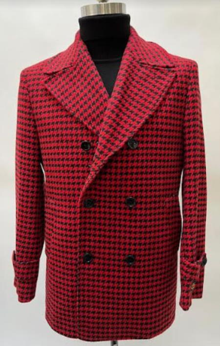 Mens Plaid Overcoat - Houndstooth Checker Pattern Topcoat - Red - Coat Size 38