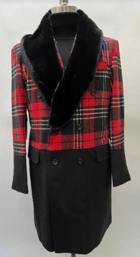 Mens Plaid Overcoat - Houndstooth Checker Pattern Topcoat - Red ~ Black - Coat Size 38