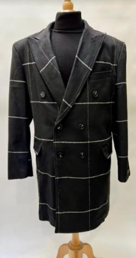 Mens Plaid Overcoat - Houndstooth Checker Pattern Topcoat - Black - Coat Size 38