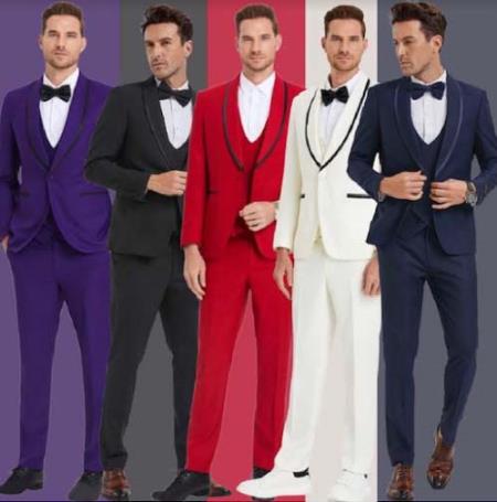 Trim Lapel Prom 2026 Tuxedo in Purple or Black or Red or Ivory or Navy - Wedding Suit