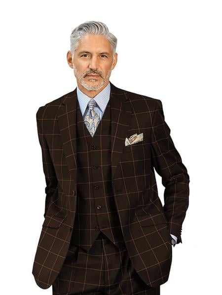 Mens Plaid Suit - Dark Brown Windowpane Suit - 1920 Suits - 38 Short Jacket+32 Waist Adjustable 28to34)(Height: 5â€™4â€to5â€™7â€)(Neck 15-16.5)S-M)